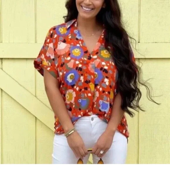 CABI #5892 Visionary Replay Womens Orange Floral V-neck Shirt Size Small - Picture 9 of 9